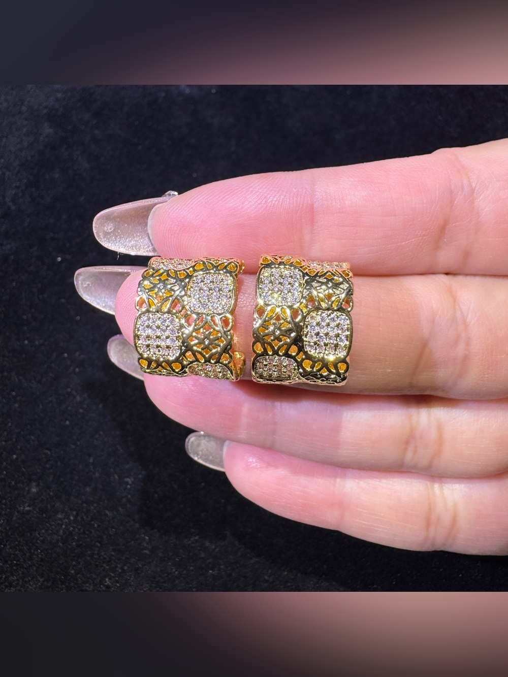 S925 Posts CZ Gold Wide Huggie Hoop Earrings